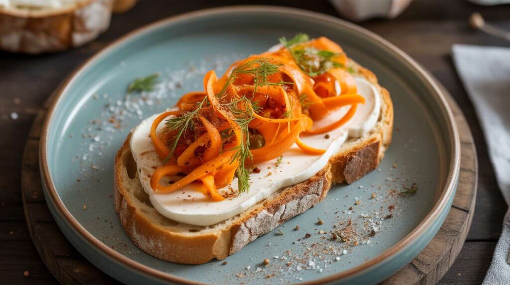 Toasts au fromage frais et pickles de carottes : recette gourmande