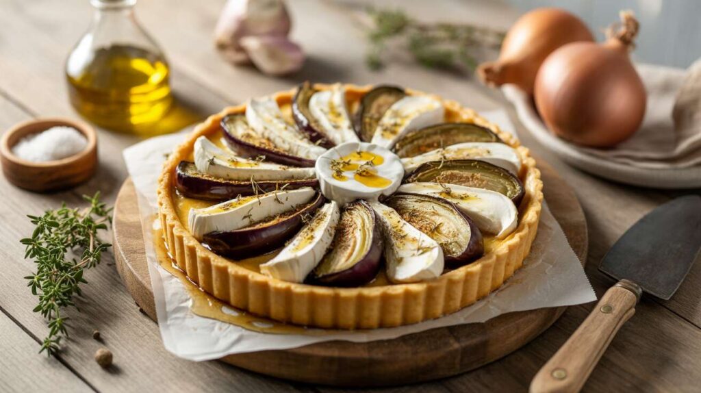 Tarte au chèvre frais, oignons caramélisés et aubergines : la recette savoureuse