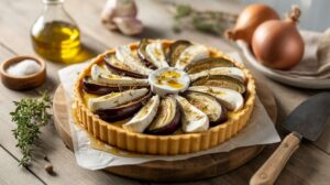 Tarte au chèvre frais, oignons caramélisés et aubergines : la recette savoureuse