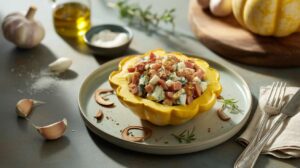 Pâtisson farci au bleu, lardons et champignons : recette savoureuse