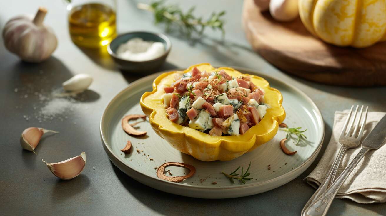 Pâtisson farci au bleu, lardons et champignons : recette savoureuse