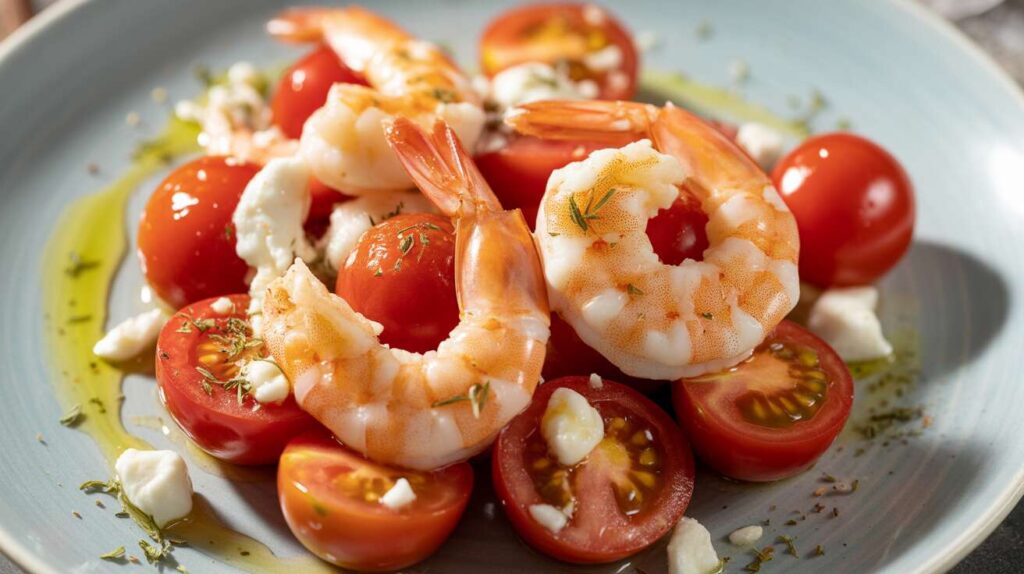 Salade chaude de tomates cerise et crevettes à la feta : recette légère et savoureuse