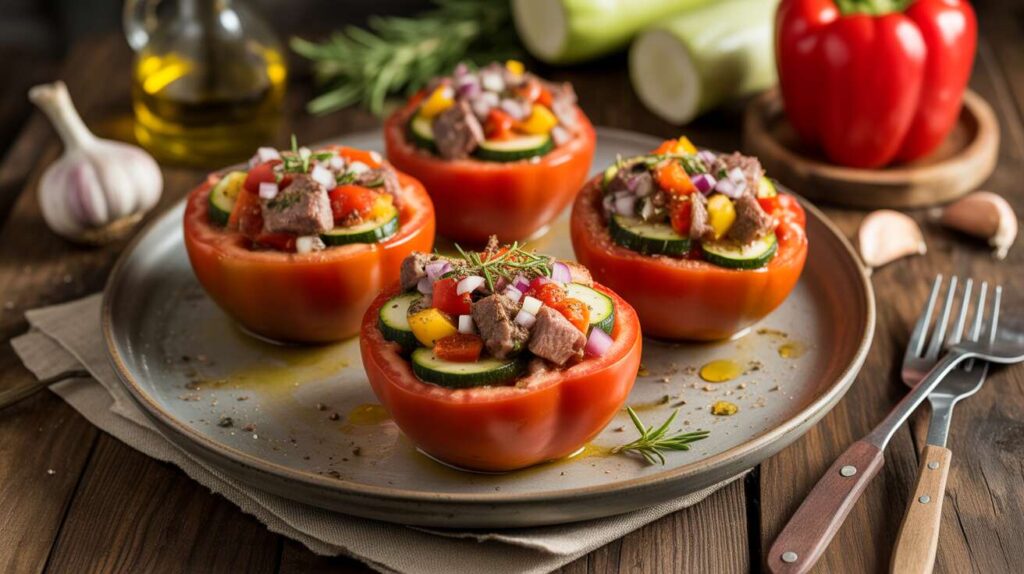 Tomates farcies légères aux légumes et reste de viande : recette facile