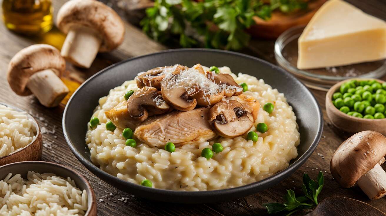 Risotto au Poulet, champignons, fromage et Petits Pois : recette Savoureuse