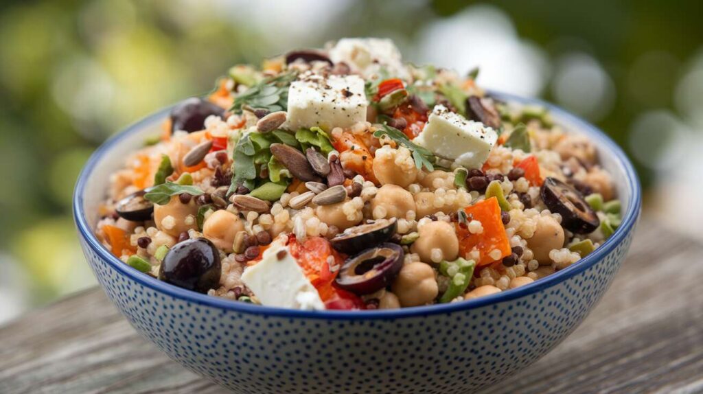 Salade complète aux céréales, légumes et fromage : recette savoureuse