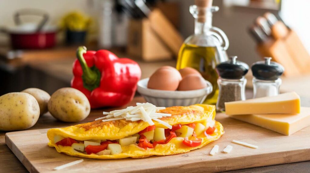 Omelette pomme de terre, poivron rouge et fromage frais