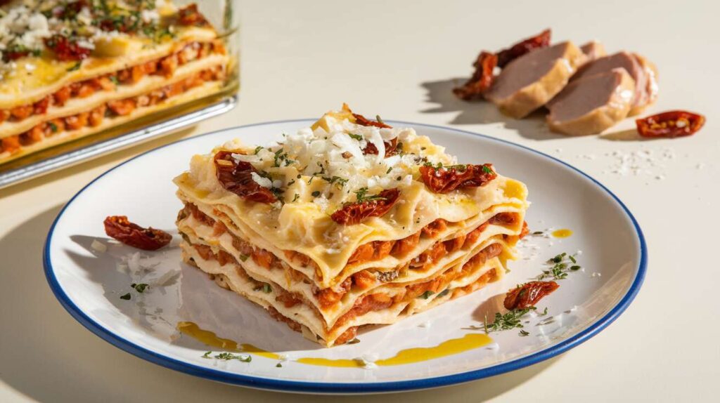 Lasagnes légères au poulet, ricotta et tomates séchées