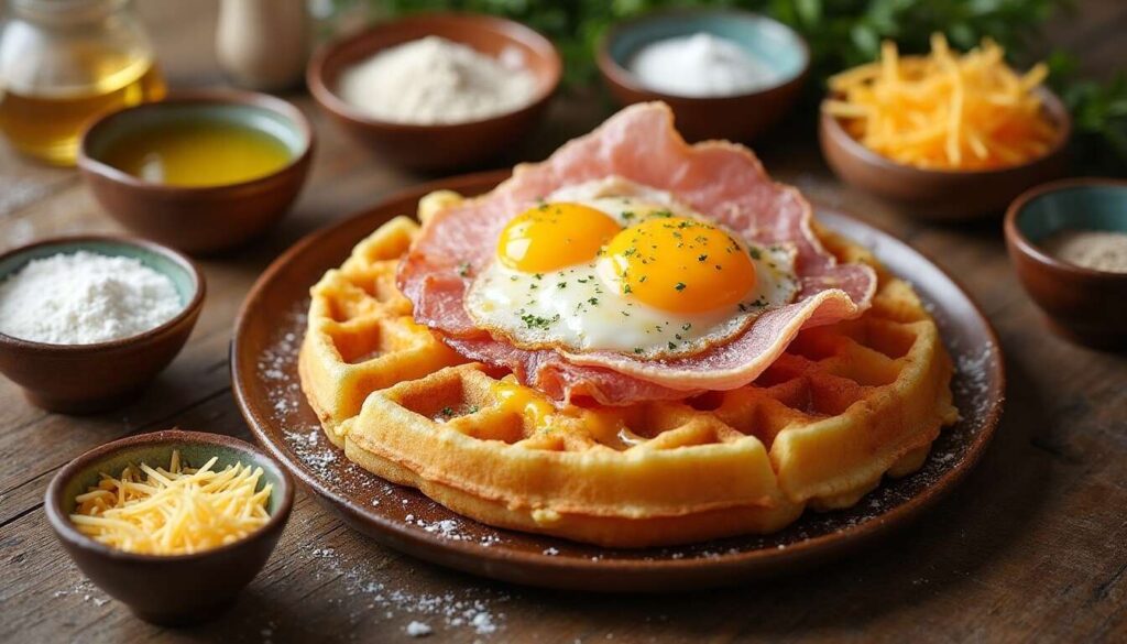 Gaufre au fromage, jambon et œuf : recette gourmande