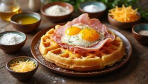 Gaufre au fromage, jambon et œuf : recette gourmande