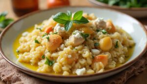 Risotto de coquillettes au poulet et fromage de chèvre : recette savoureuse