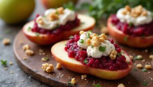 Recette : quartiers de pommes au pesto de betterave et fromage aux noix