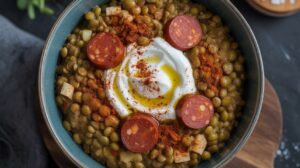 Bowl de lentilles, chorizo & sauce yaourt : un dîner express