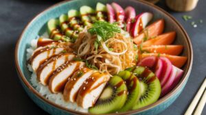 Poké bowl d'été : poulet, kiwi et oignons croquants