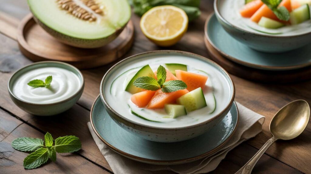 Une soupe froide de melon et concombre à la menthe, une entrée ultra-rafraîchissante et facile à préparer