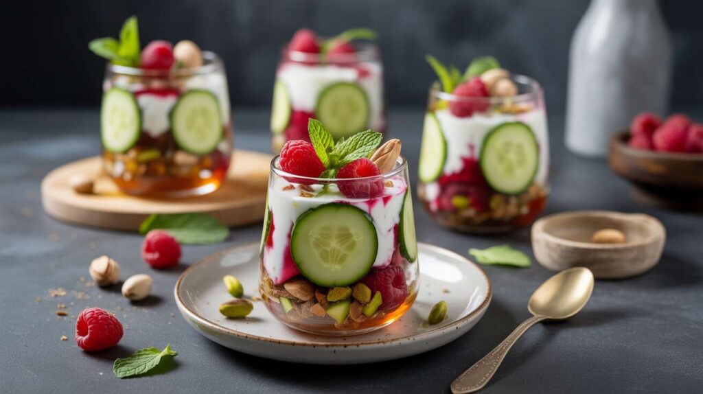 Inventez des verrines de concombre, yaourt grec et framboises, une entrée ou un dessert frais et original pour l'été