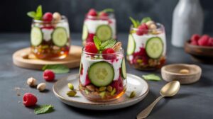 Inventez des verrines de concombre, yaourt grec et framboises, une entrée ou un dessert frais et original pour l'été