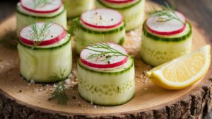 Préparez des rouleaux de concombre farcis au fromage frais et radis, une entrée fraîche et croquante pour l’été