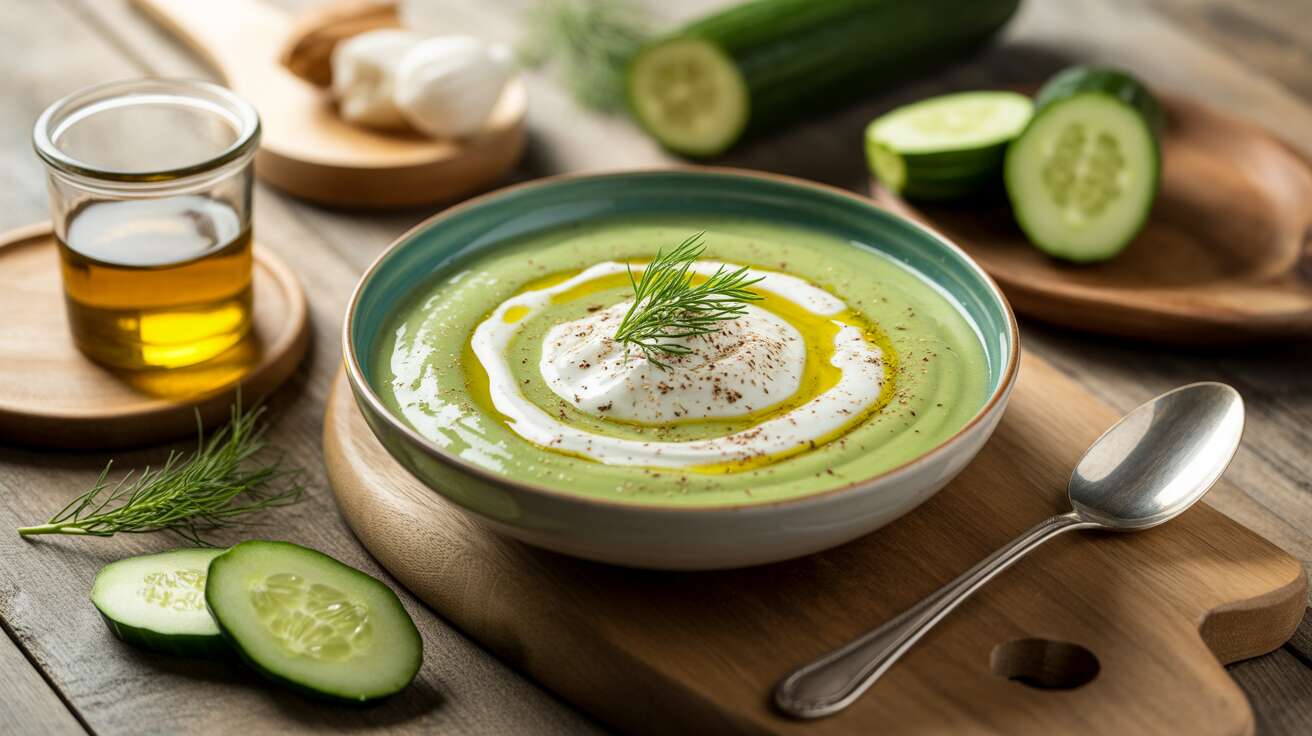 Gaspacho de concombre et yaourt à la grecque, une soupe froide onctueuse et désaltérante