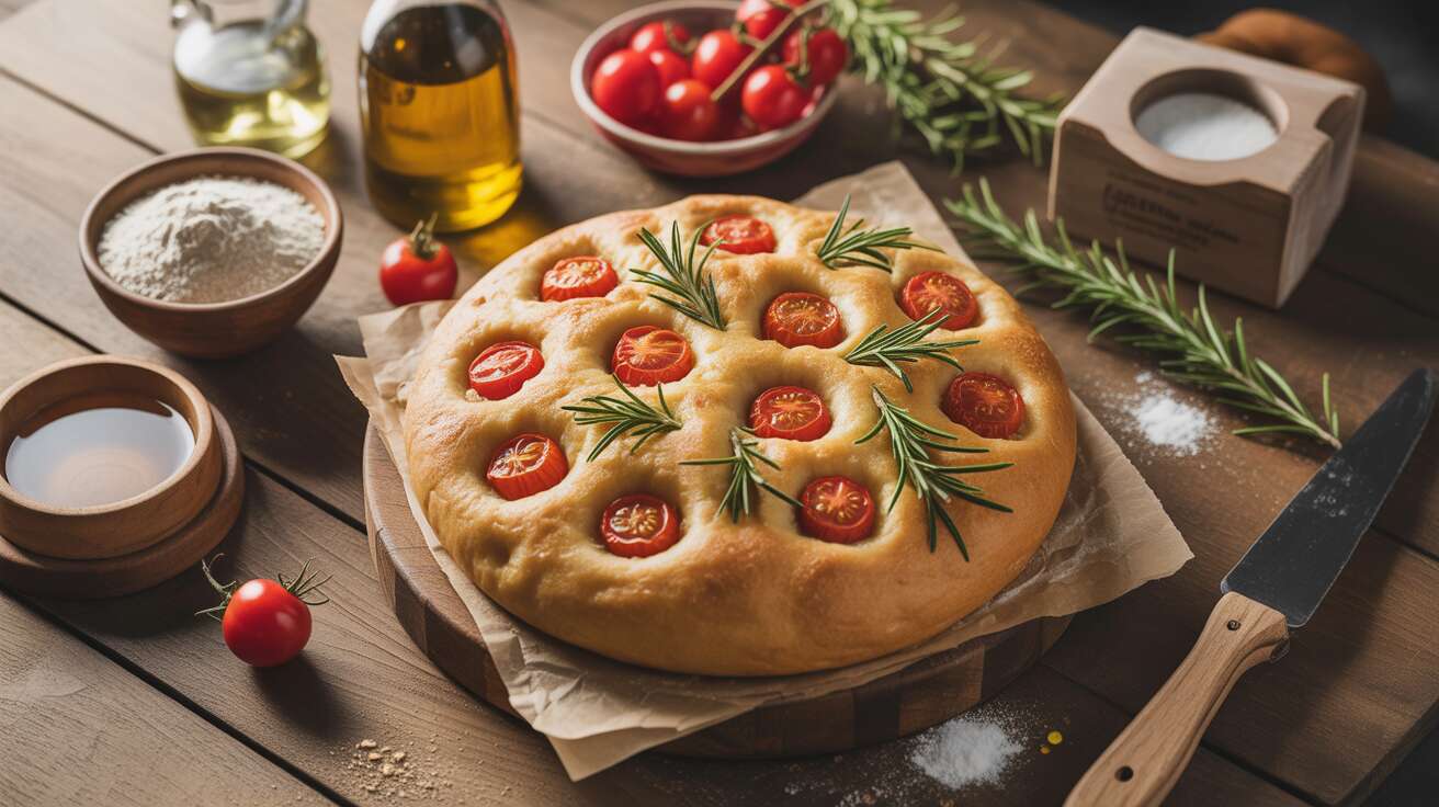 Focaccia maison aux tomates cerises et romarin, un pain moelleux parfait pour l'apéritif