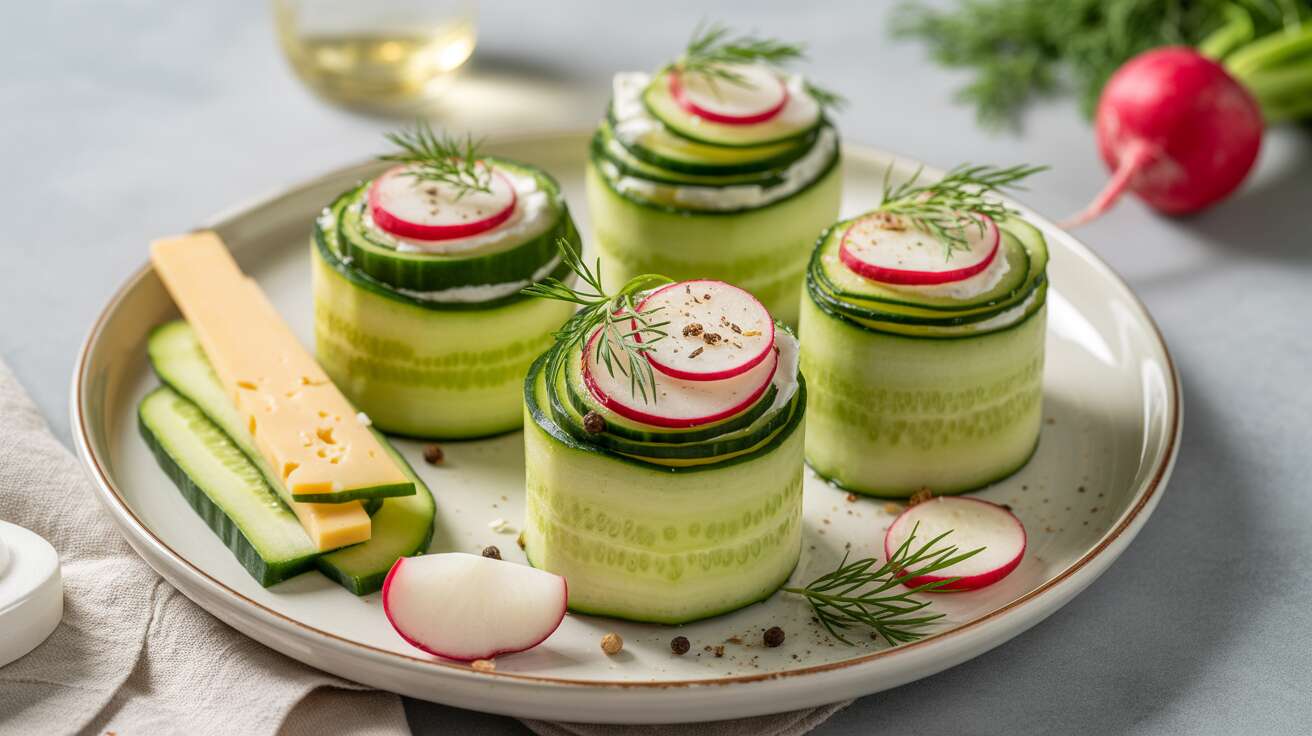 Préparez des rouleaux de concombre farcis au fromage frais et radis : une entrée fraîche et croquante