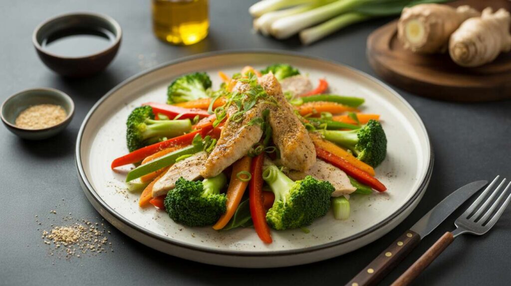 Sauté léger de légumes, poulet et gingembre à la sauce soja : une recette express