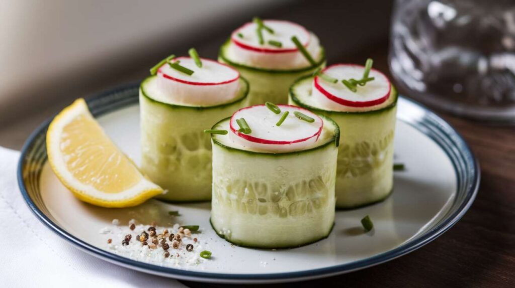 Préparez des rouleaux de concombre farcis au fromage frais et radis : une entrée fraîche et croquante