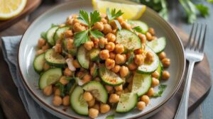 Salade pois chiches croustillants et concombre : le repas complet et équilibré par excellence