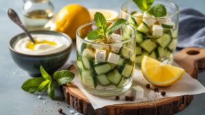 Verrines salées concombre-feta-menthe : l'apéro frais et léger "prêt en 10 minutes