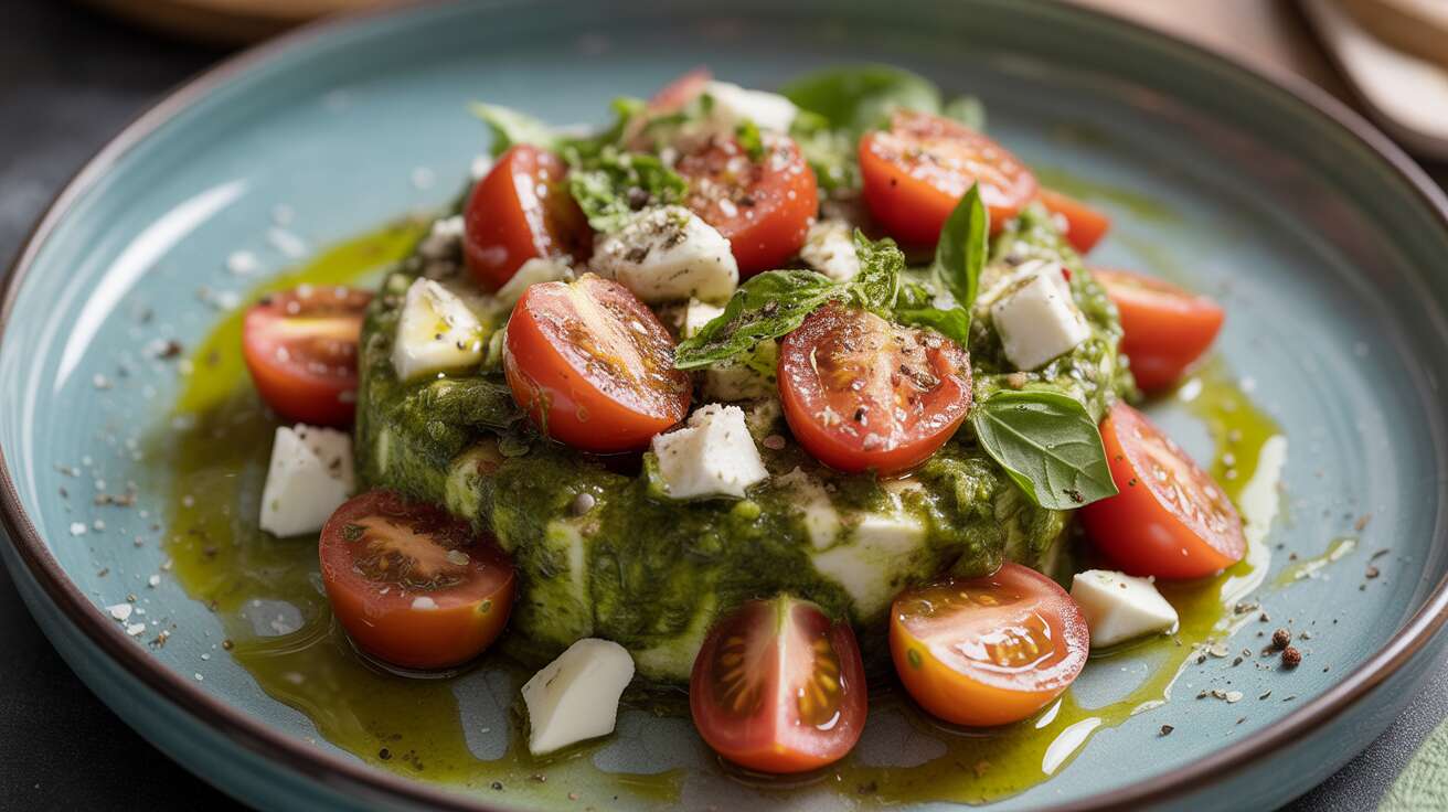 Salade de tomates au pesto et fromage de brebis : recette savoureuse