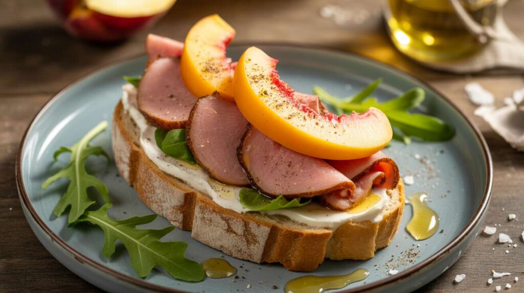 Tartine Frenchy viande des Grisons, pêches et fromage