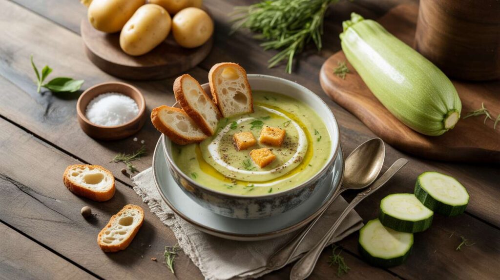 Velouté de courgettes aux croûtons de fromage frais : recette facile et savoureuse