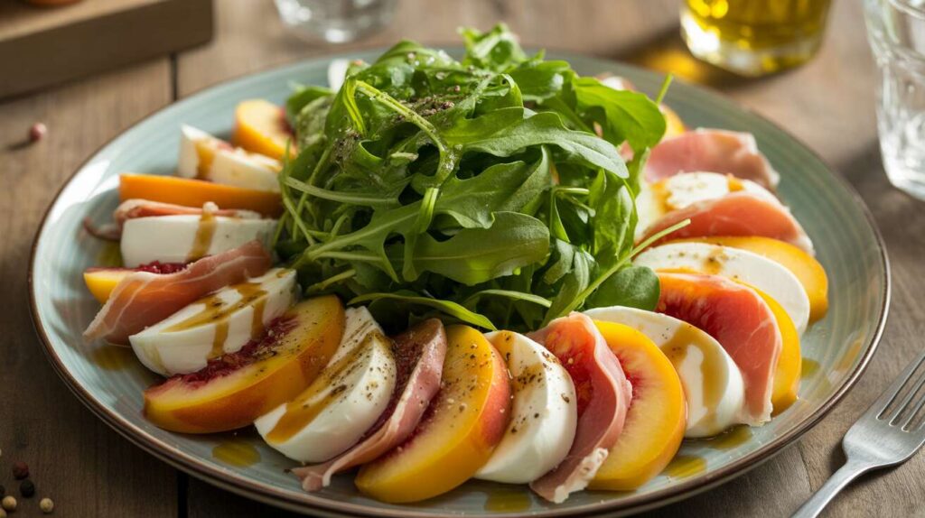 Salade Minceur : pêches, jambon et Mozzarella Légère