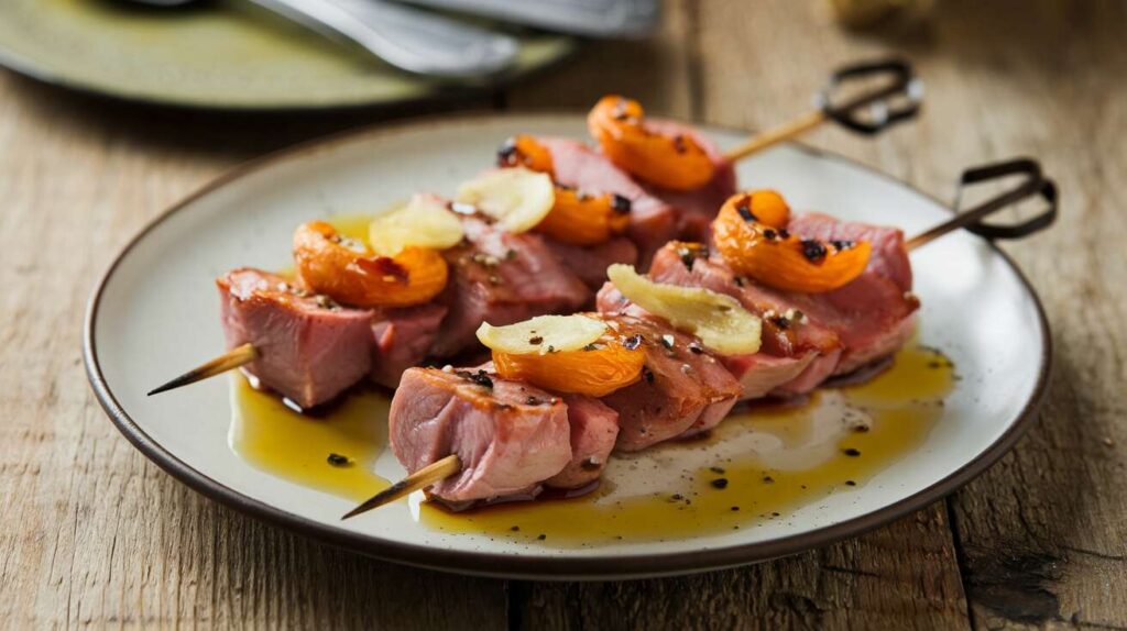 Brochettes de canard légères aux abricots rôtis