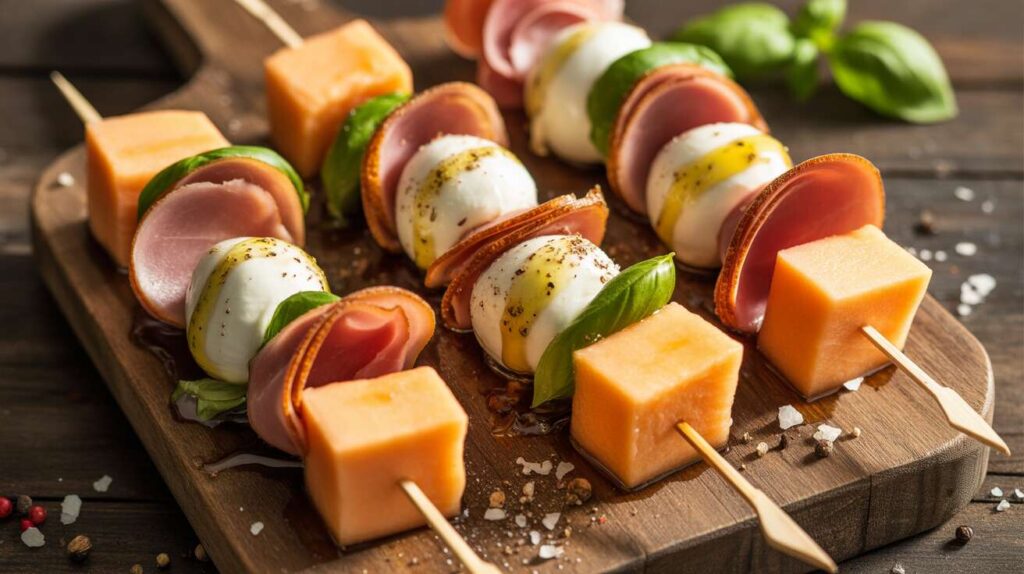 Brochettes apéritives au melon et Mozzarella di Bufala Campana