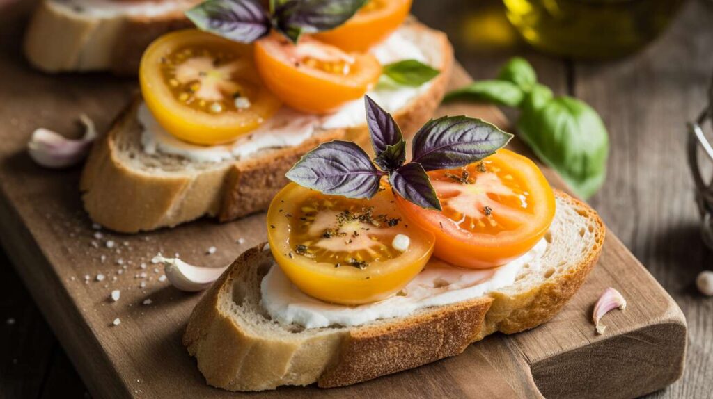 Bruschetta légère de tomates jaunes au basilic pourpre