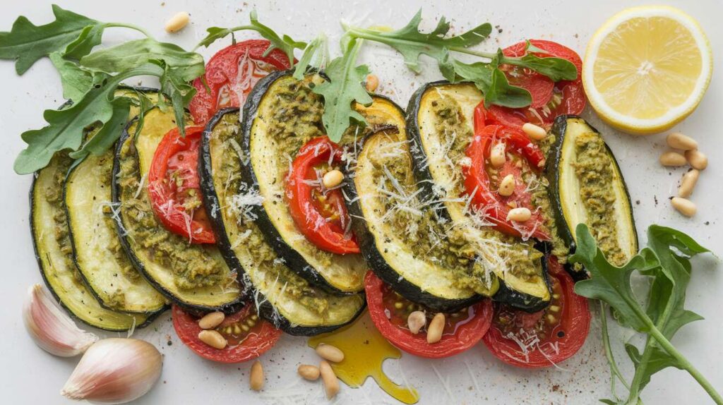 Courgettes et tomates rôties, pesto de roquette parmesan : recette savoureuse