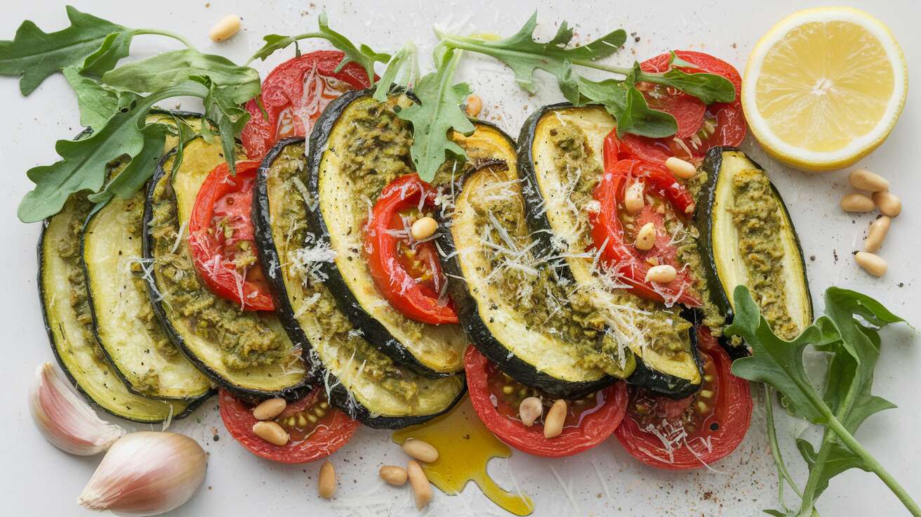 Courgettes et tomates rôties, pesto de roquette parmesan : recette savoureuse