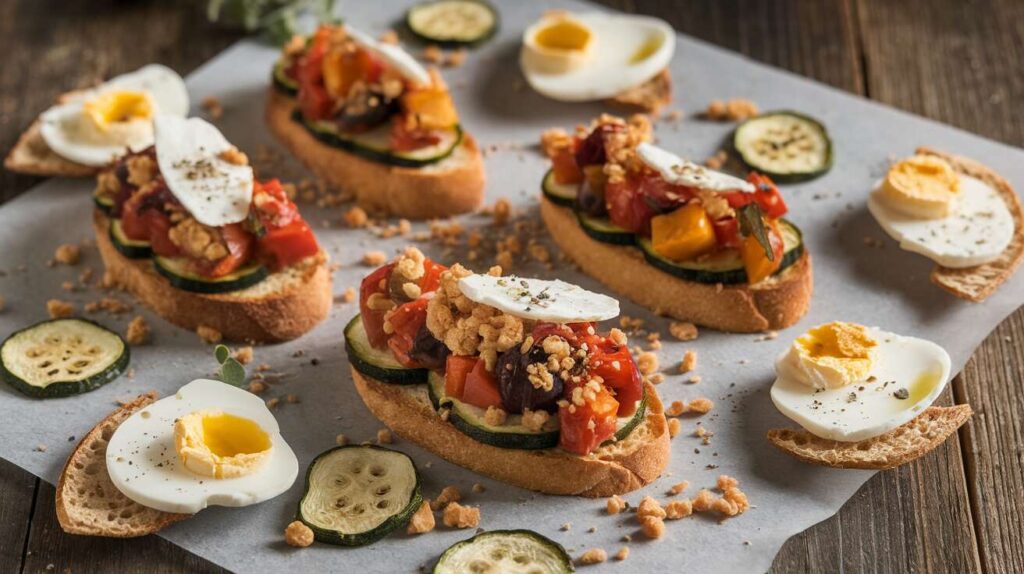 Toasts de courgettes panées, ratatouille et bouchées de fromage au chèvre : recette gourmande