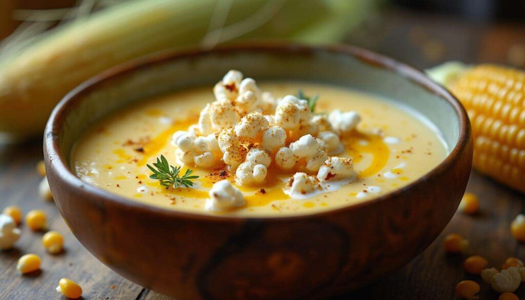 Le velouté de maïs au pop-corn : l&rsquo;idée insolite et gourmande pour surprendre vos invités.