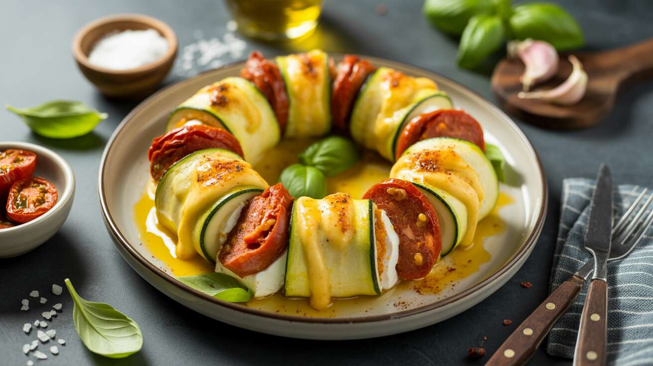 Enroulés de courgette jaune : recette fromage frais, chorizo et tomate à l'ail