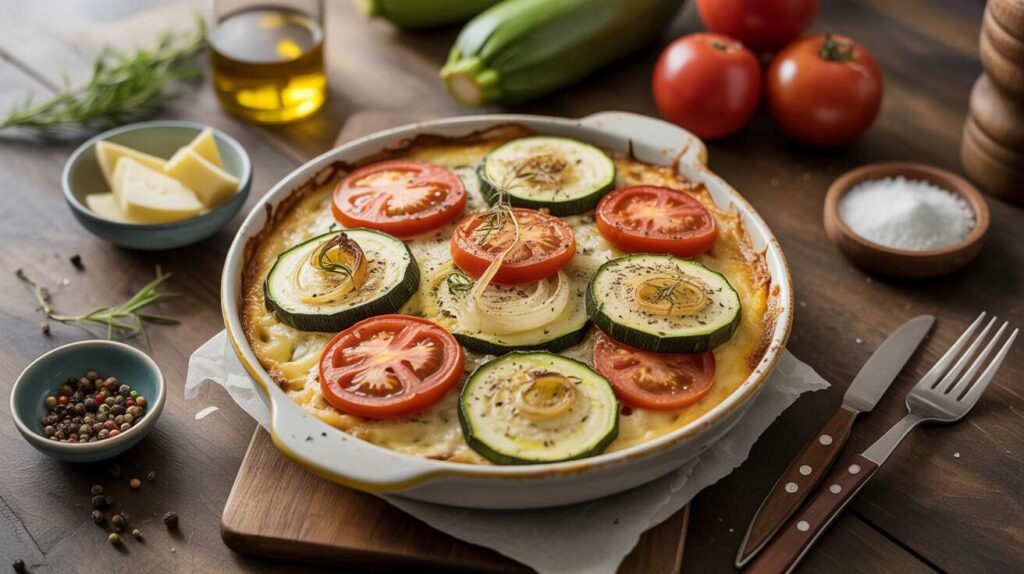 Gratin léger de courgettes, tomates et oignons caramélisés