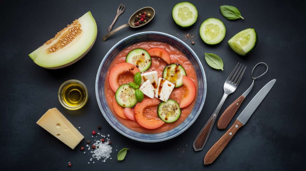 Recette de gaspacho melon-concombre au fromage italien