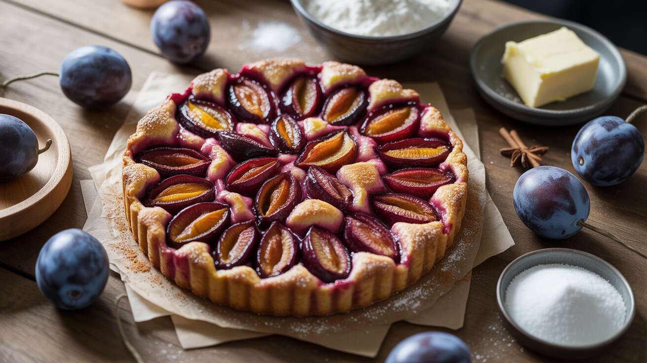 Cette tarte rustique aux quetsches ne demande aucun moule et se fait en 20 minutes