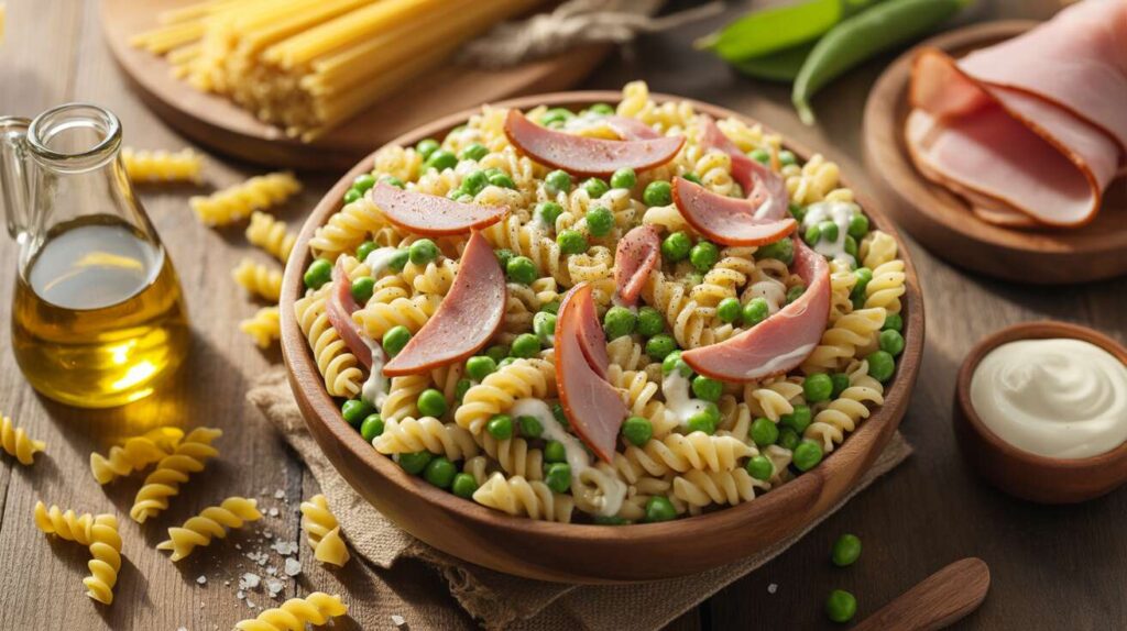Salade de pâtes : petits pois, jambon et mayonnaise légère