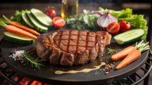 Entrecôte de boeuf grillée au barbecue : recette légère avec salade de crudités