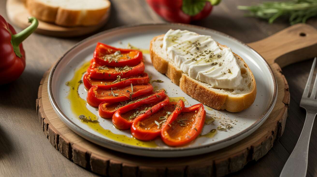 Recette : carpaccio de poivrons grillés et tartine de fromage de chèvre frais