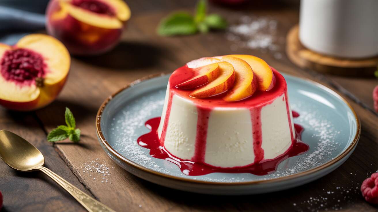 Panna Cotta au Fromage Frais, pêche et Coulis de Framboises
