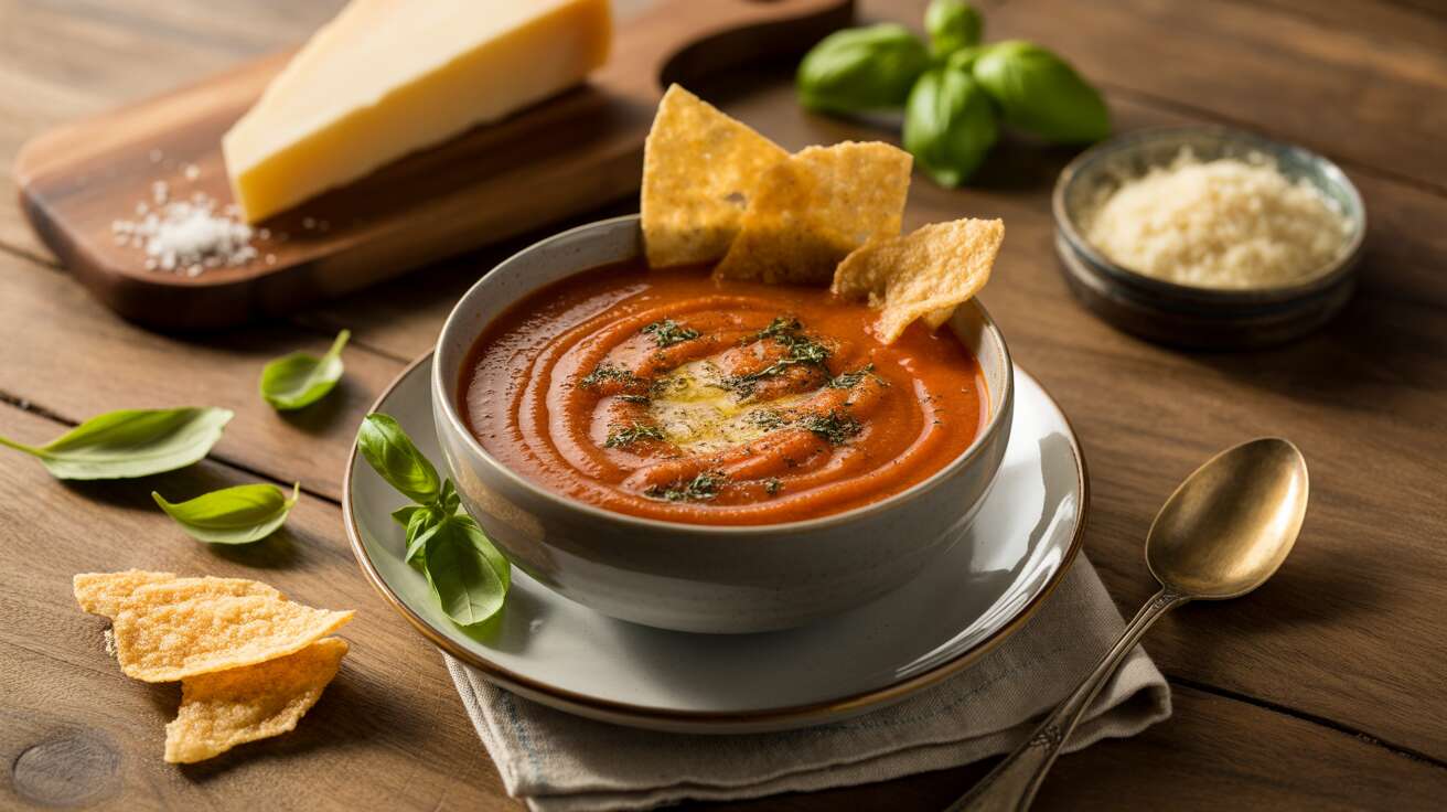 Velouté de tomate au basilic et tuiles de parmesan : recette gourmande
