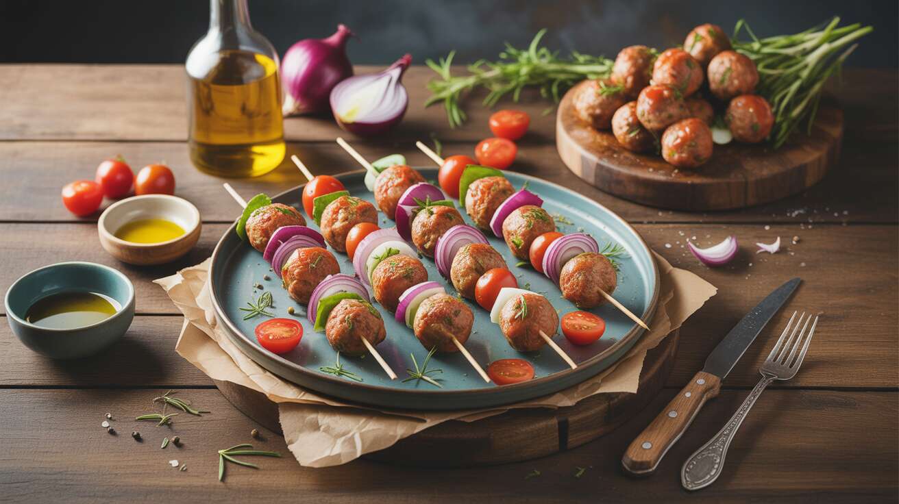 Brochettes légères de boulettes de dinde, tomate et oignon rouge pour barbecue