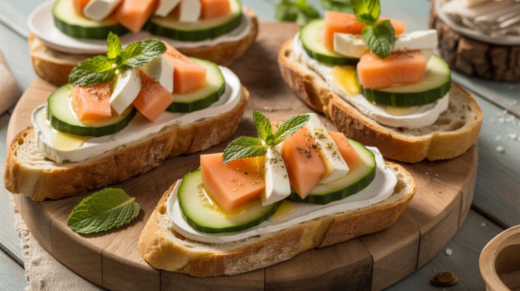 Tartine fraîche aux melons, concombres et fromage frais